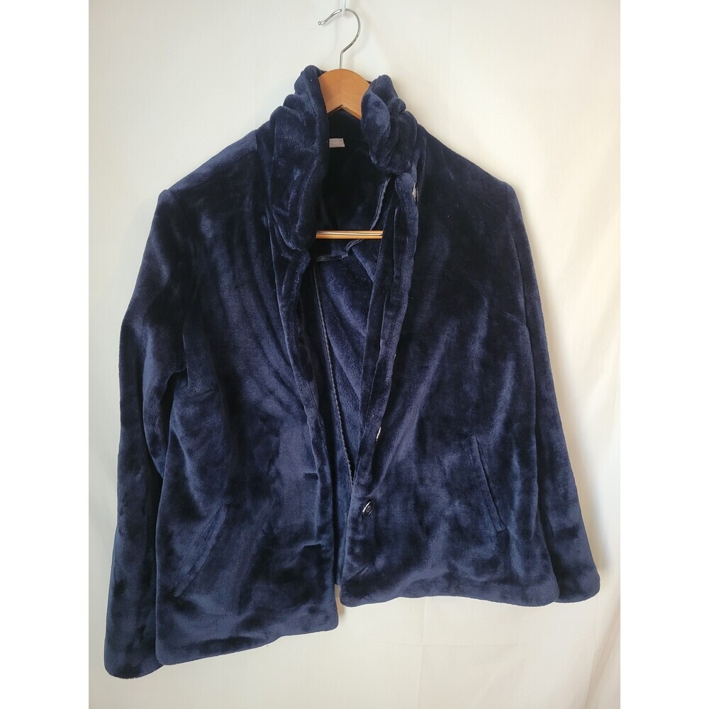 Chico's Women's Navy Blue Plush Fleece Jacket Coat Size 2 Collared Full Zip